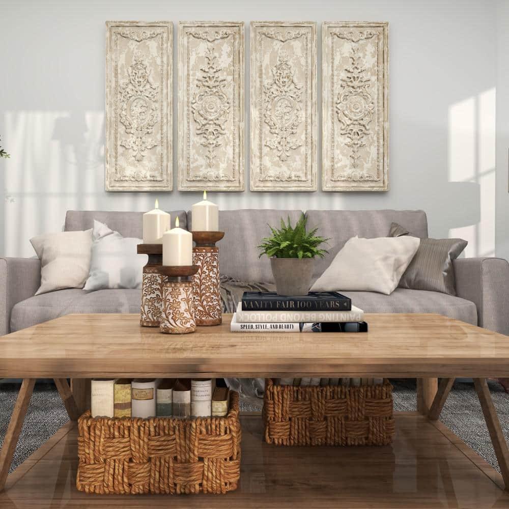 Gracie Oaks Mango Wood Floral Handmade Decorative Candle Holder Carved Pillar Candle Stand With Cream Accents, Set Of 3 Candlestick Holder 6", 8", 10"H, Brown