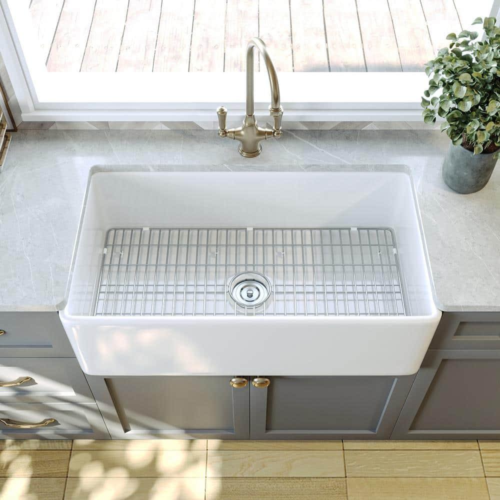 Grove 33" L X 18" W Rectangular Single Bowl Fireclay Farmhouse Kitchen Sink with Grid and Strainer