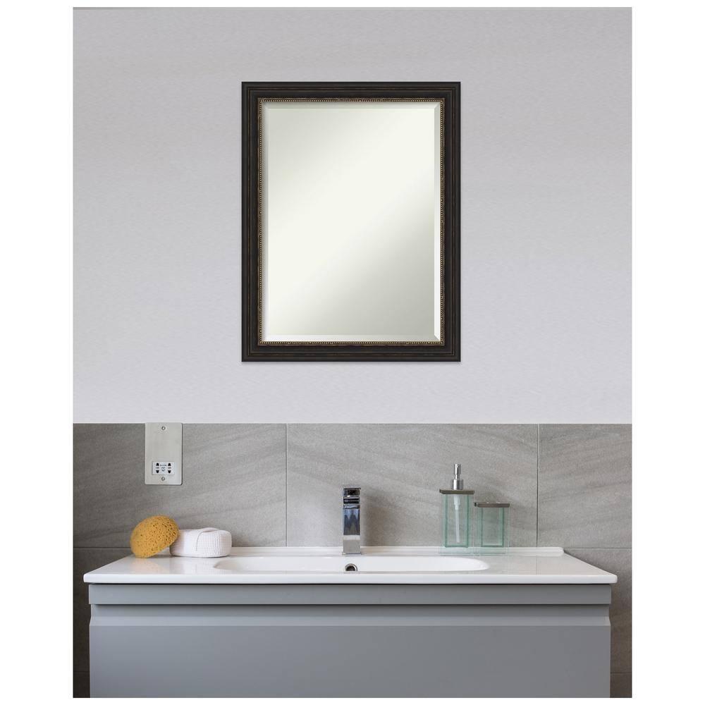 Amanti Art Beveled Bathroom Wall Mirror - Accent Bronze Narrow Frame Outer Size: 22 x 28 in