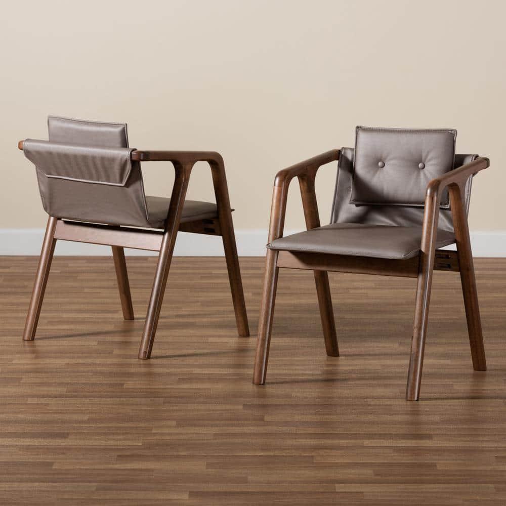 Baxton Studio 2pc Marcena Leather Upholstered and Wood Dining Chair Set Gray/Walnut Brown: Elegant Button-Tufted, Ergonomic Armrests