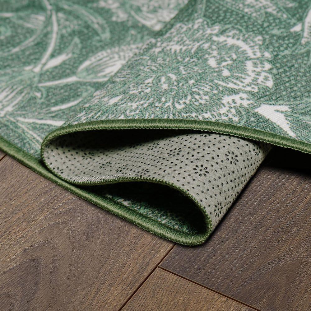 Kalini Green Floral Round Washable Synthetic Area Rug
