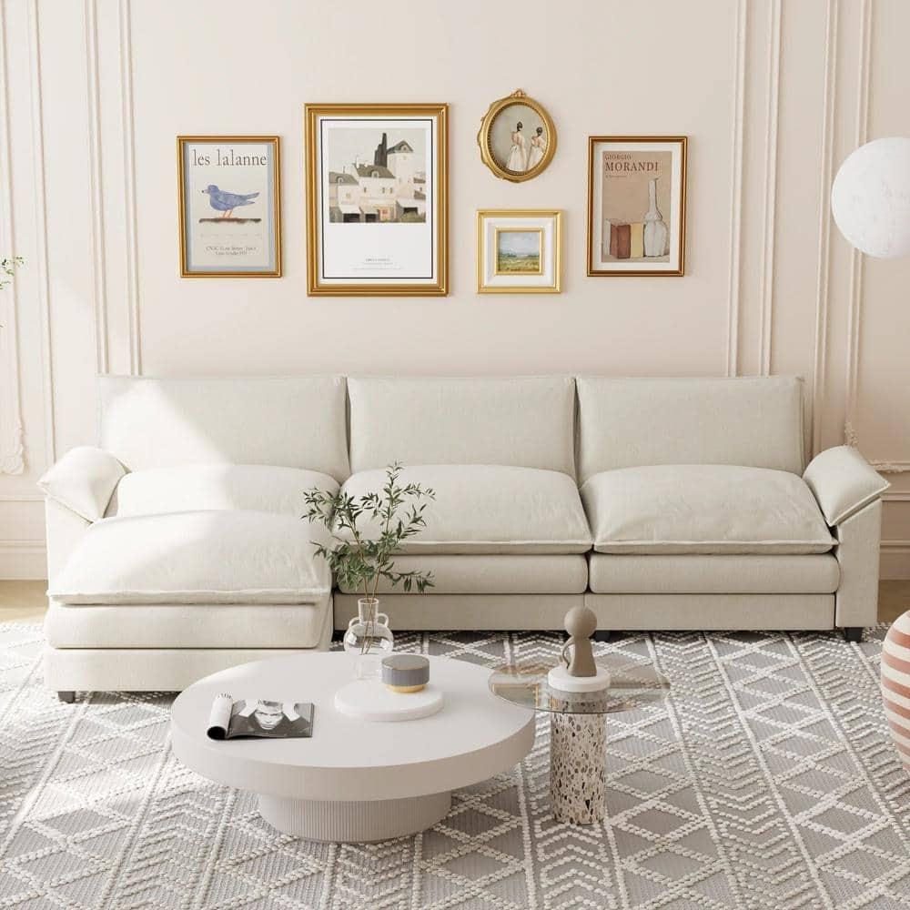 LACOO 118 in. Chenille L-Shaped Modular Sectional Sofa with Ottoman - Off White