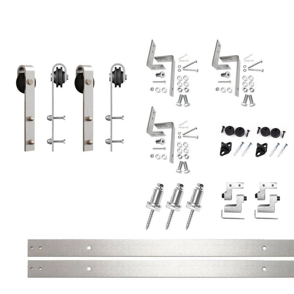 Homacer Brushed Nickel Double Track Z-Shape Bypass Sliding Barn Door Hardware Kit, for Two/Double Doors, 4ft Long Flat Track, Classic Design Roller, Heavy Duty, for Interior Use