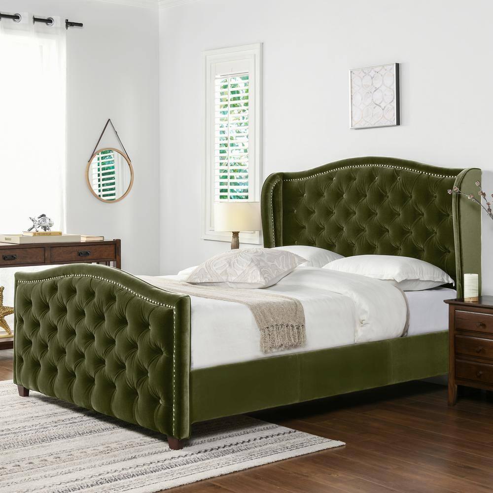 Jennifer Taylor Home Marcella Tufted Wingback Queen Bed Olive Green