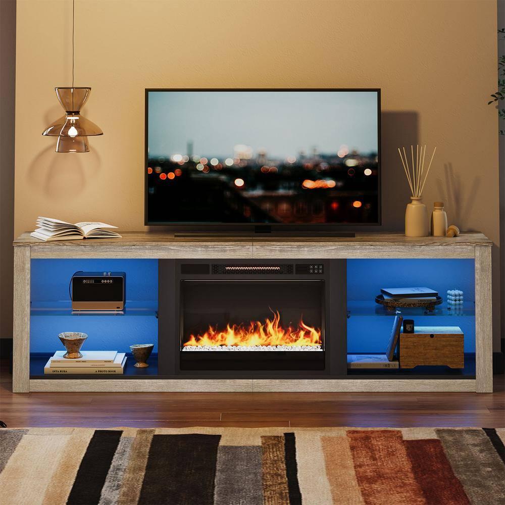 Bestier Modern Electric Fireplace TV Stand Entertainment Center for TVs up to 75" with LED Light and Storage Shelves in Wash White