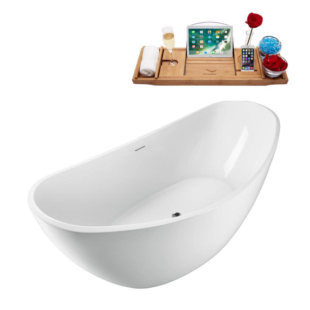 63'' Streamline Freestanding Soaking Acrylic Bathtub With Drain and Bamboo Tray