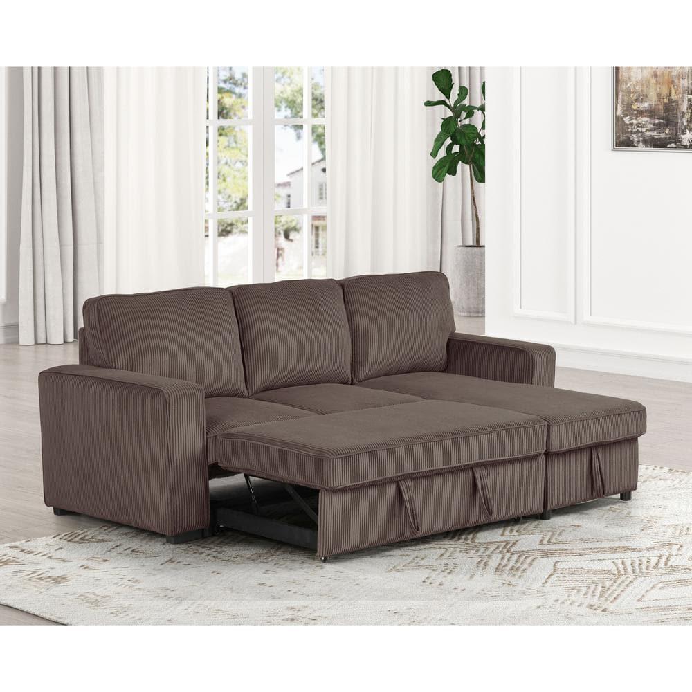 HOMES: Inside + Out Paeke Sleeper Sectional Sofa Corduroy with Storage Chaise and Reversible Brown