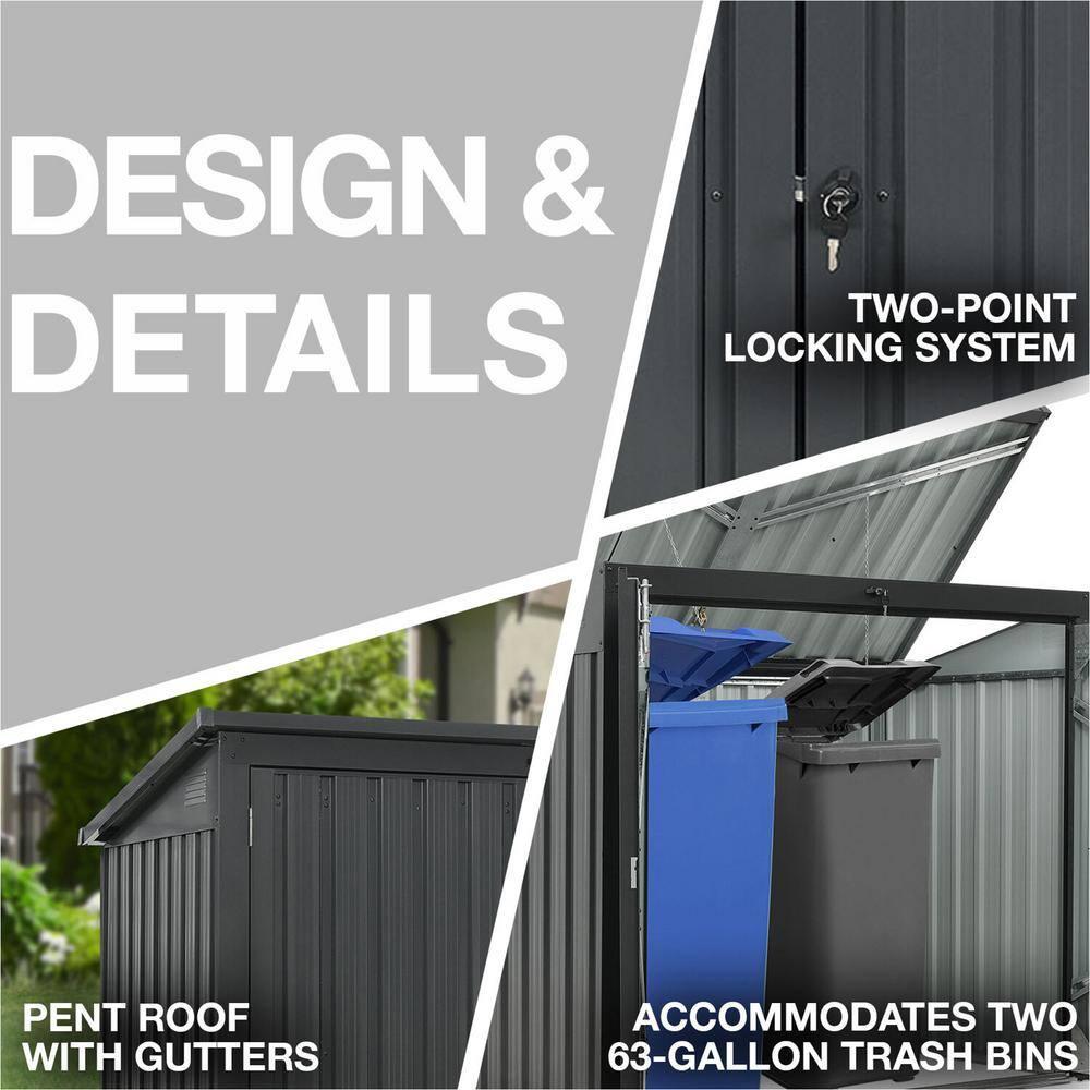 Hanover Trash and Recyclables Storage Shed | Pent Roof | Galvanized Steel | 2-Point Locking System | Stores 2 Trash Cans | 3.3-Ft. x 5.2-Ft. x 4.4-Ft. | Dark Gray | HANBINSHD-GRY