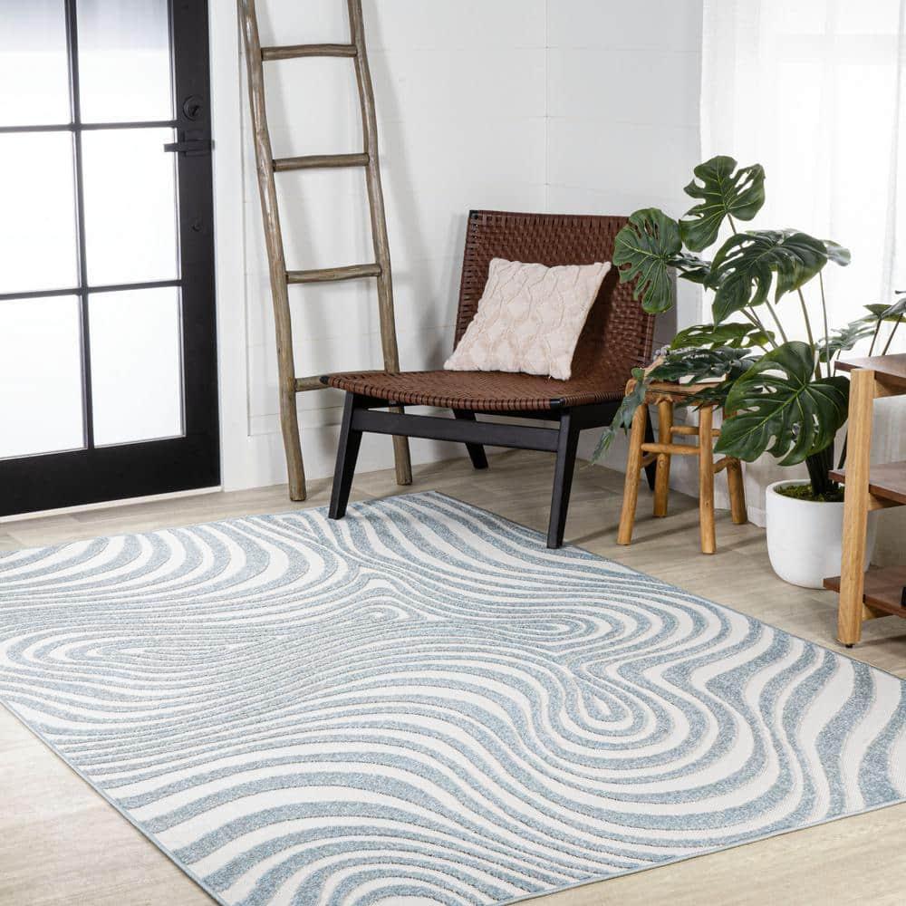 JONATHAN Y Maribo High-Low Abstract Groovy Striped Light Blue/Ivory 4 ft. x 6 ft. Indoor/Outdoor Area Rug