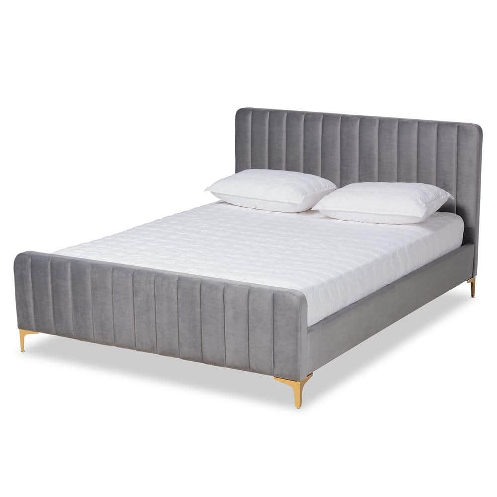 King Nami Velvet Platform Bed Light Gray/Gold - Baxton Studio