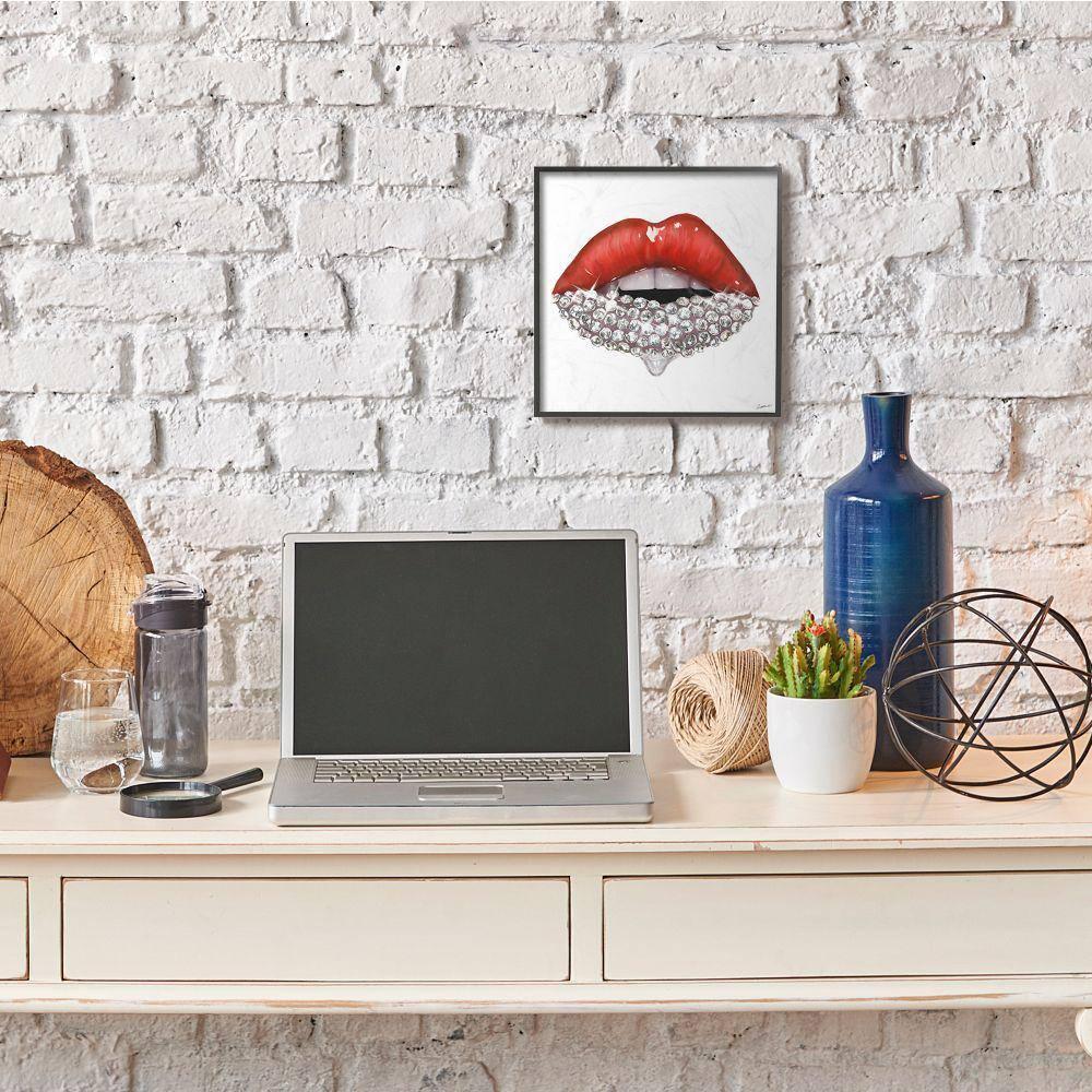 Red Glam Lips with Glistening Cosmetic Stones 12 in x 12 in Framed Painting Art Print, by Stupell Home Décor