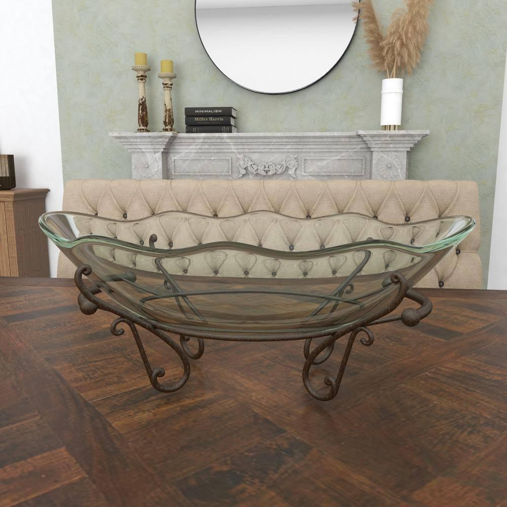 DecMode 23" x 9" Clear Tempered Glass Kitchen Serving Bowl with Brown Metal Scroll Base, 1-Piece