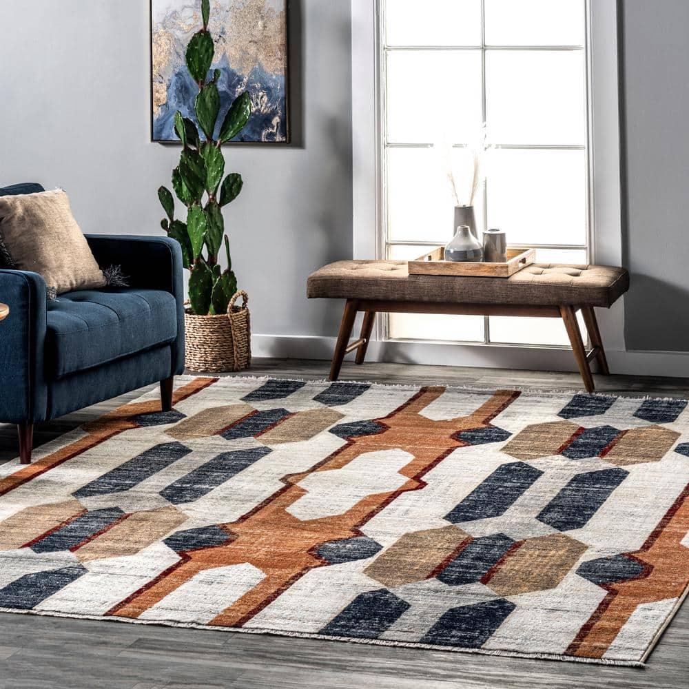 Beige Geometric Rectangular Stain-Resistant Area Rug 62"