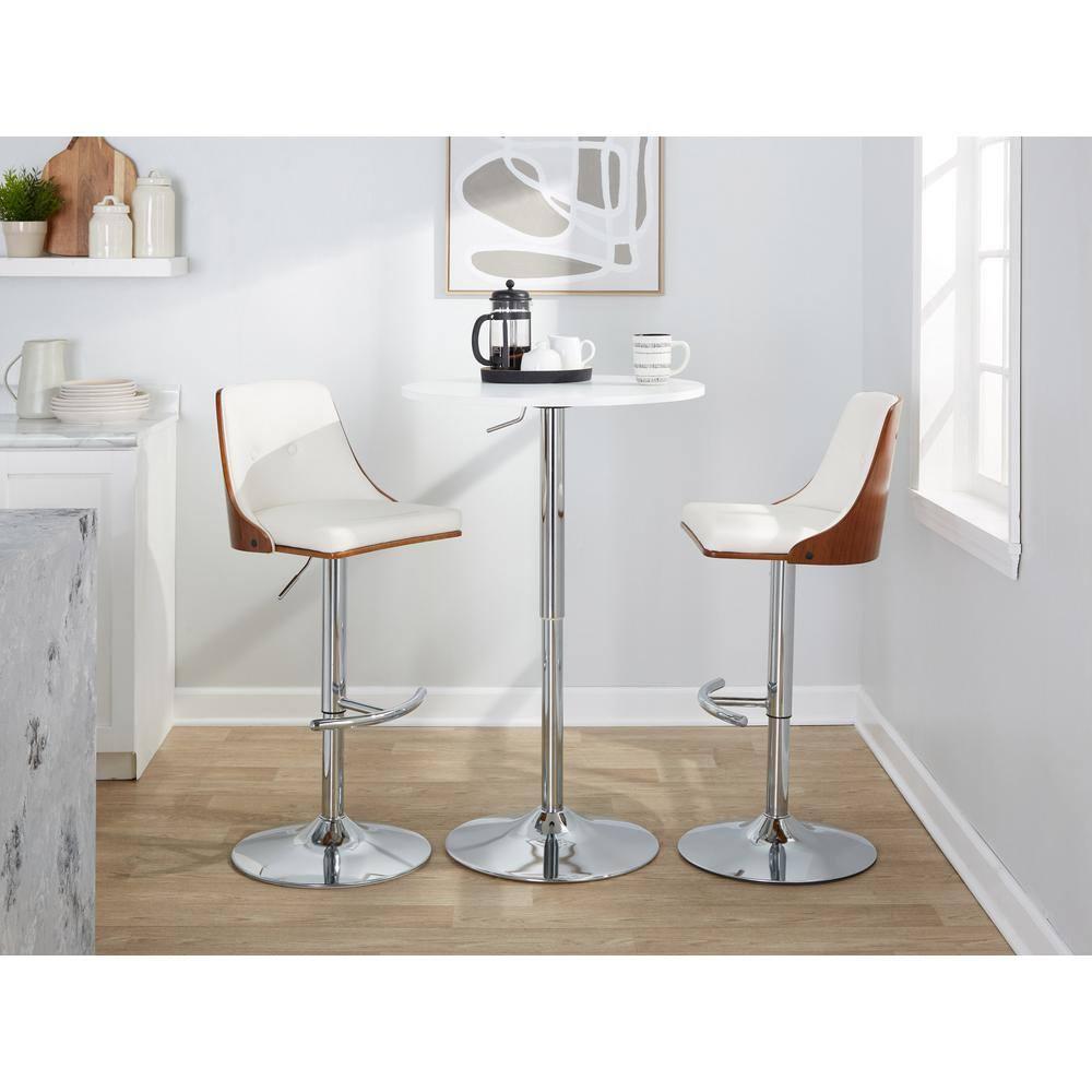 LumiSource Set of 2 Gianna Adjustable Barstools Chrome/Walnut/White: Mid-Century Modern, Faux Leather Upholstery, Swivel Function