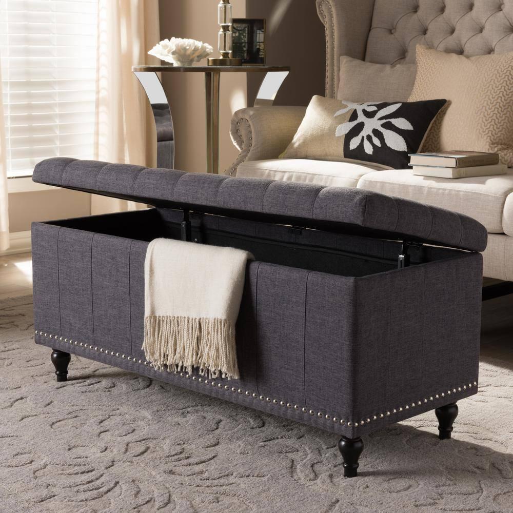Baxton Studio Kaylee Modern Classic Fabric Upholstered Button - Tufting Storage Ottoman Bench - Dark Gray: Rectangle, Polyester, Wood Frame