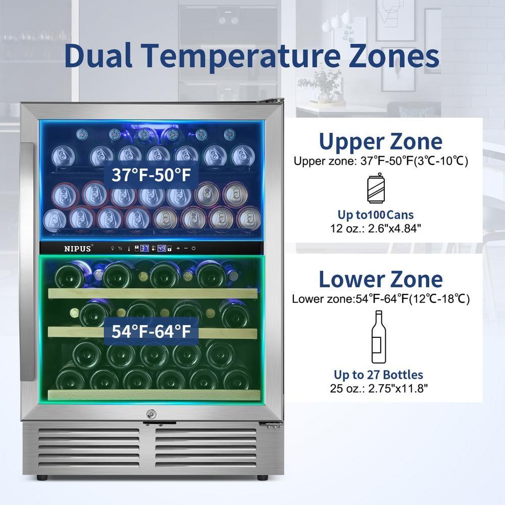 Nipus 24 Inch 94 Can and 27 Bottle Dual Zone Wine & Beverage Refrigerator Freestanding Built-in Beer and Drink Cooler with Glass Door For Kitchen, Bar or Office Classic Series