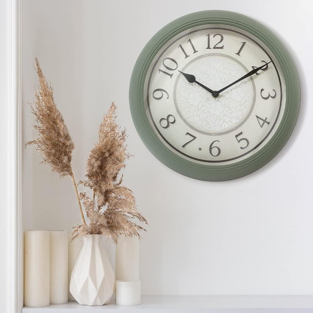 PresenTime & Co 12.6" Indoor Luminous Clock, Silent no ticking, Paris sage green, Lighted Clock with Smart Sensor to turn on/off lights in Low/bright light.
