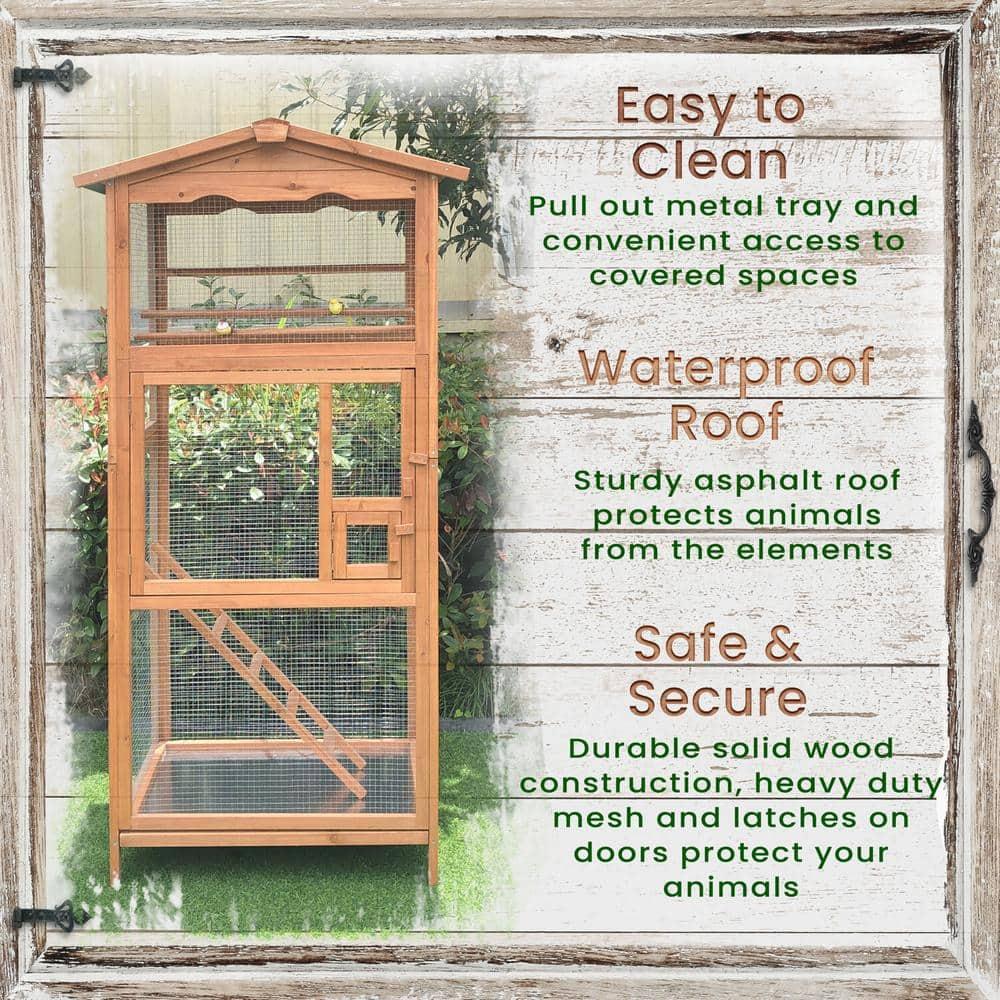 Hanover Outdoor Wooden Bird Cage with 3 Resting Bars, Ladder, Waterproof Roof and Removable Tray, 2.9 Ft. x 2.1 Ft. x 5.8 Ft.