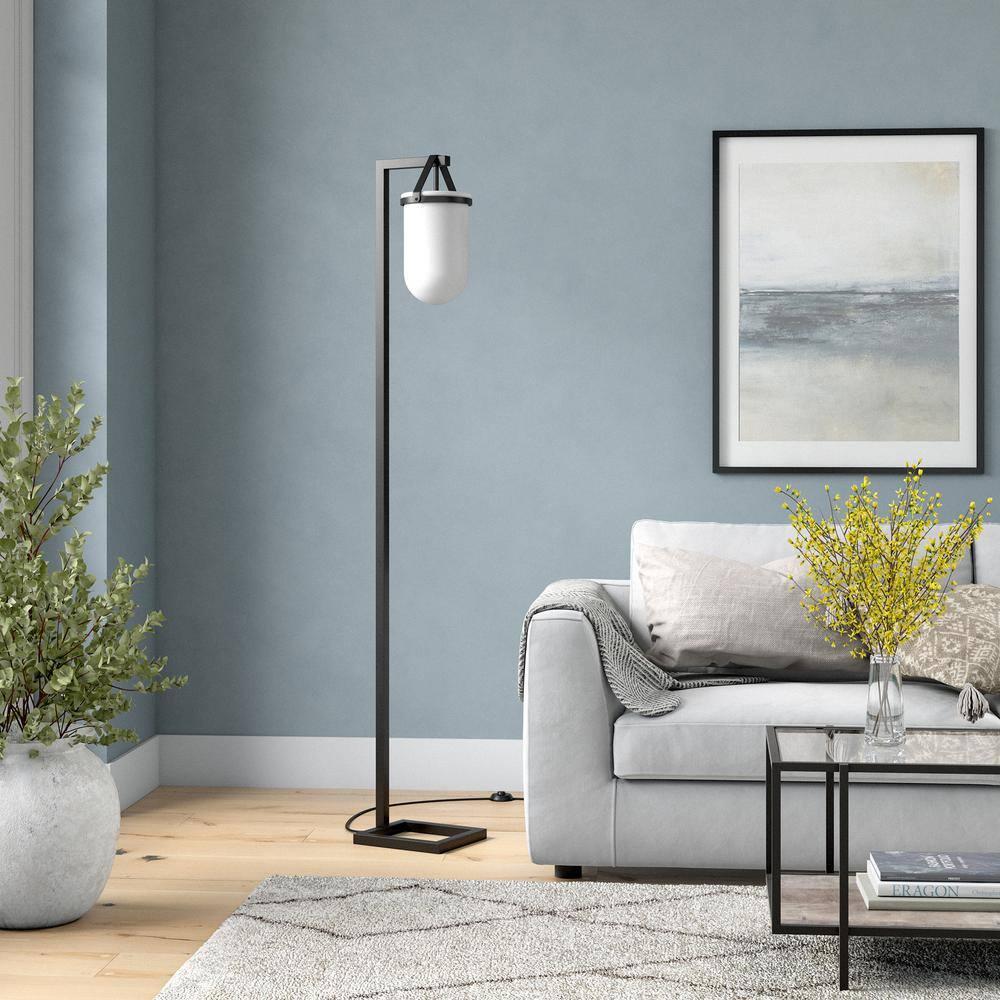 Evelyn&Zoe Shiloh 68" Tall Floor Lamp with Glass Shade, Blackened Bronze/White Milk