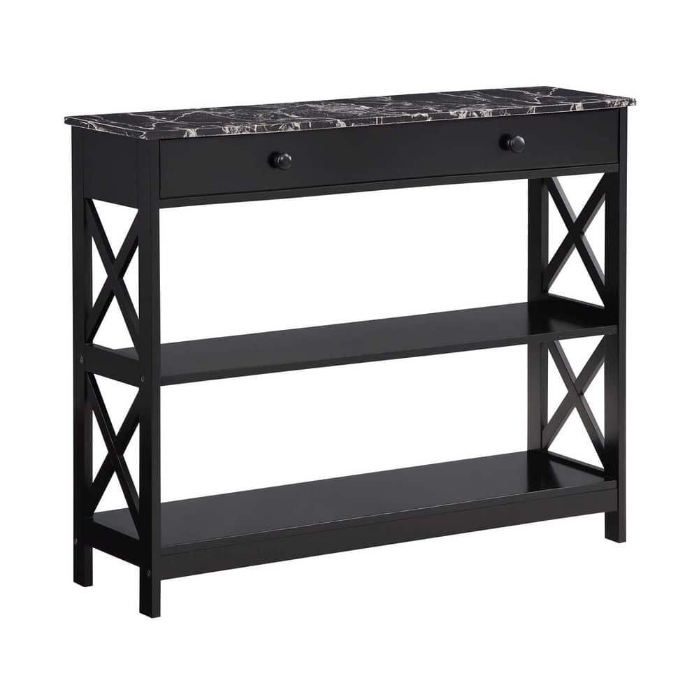 TiaGOC 1 Drawer Console Table with Shelves, Black Faux Marble/Black