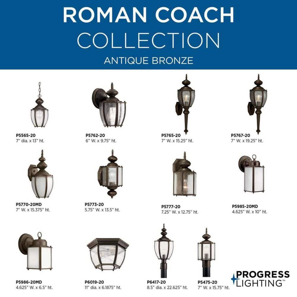 Progress Lighting Roman Coach 1-Light Medium Wall Lantern in Antique Bronze with Seeded Glass Panels