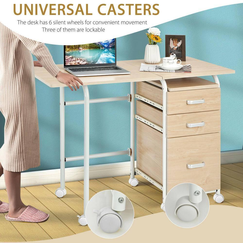 Gymax Folding Computer Laptop Desk Wheeled Home Office Furniture With 3 Drawers