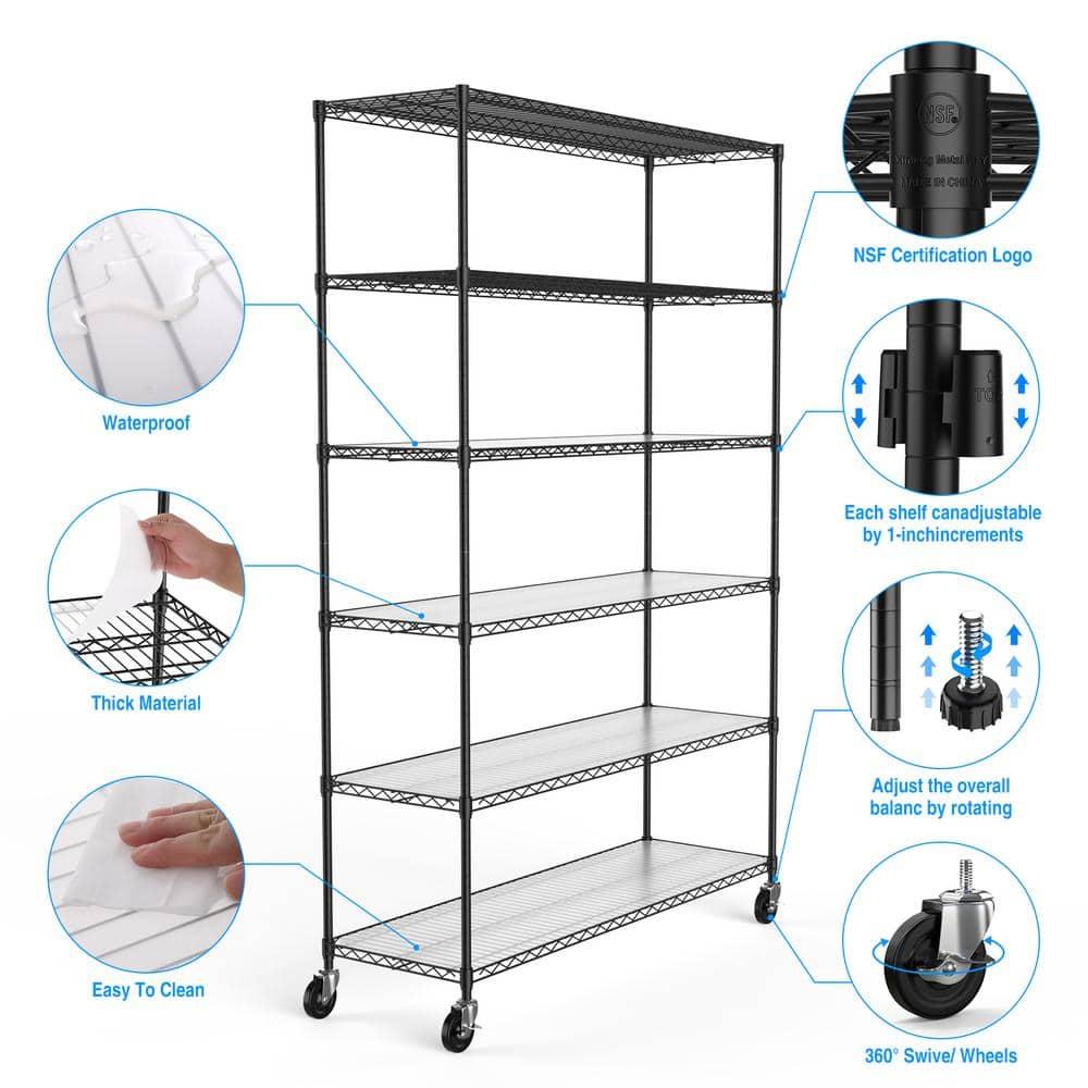 Black Heavy-Duty Steel 6-Tier Adjustable Wire Shelving Unit with Wheels