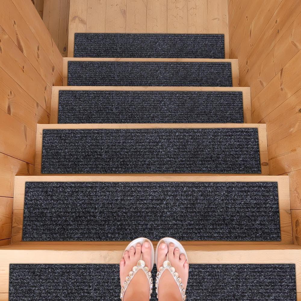 Ottomanson Non-Slip Rubberback Solid 8" x 30" Indoor/Outdoor Stair Treads for Stairs, Garage, Patio, 7 Pack, Black