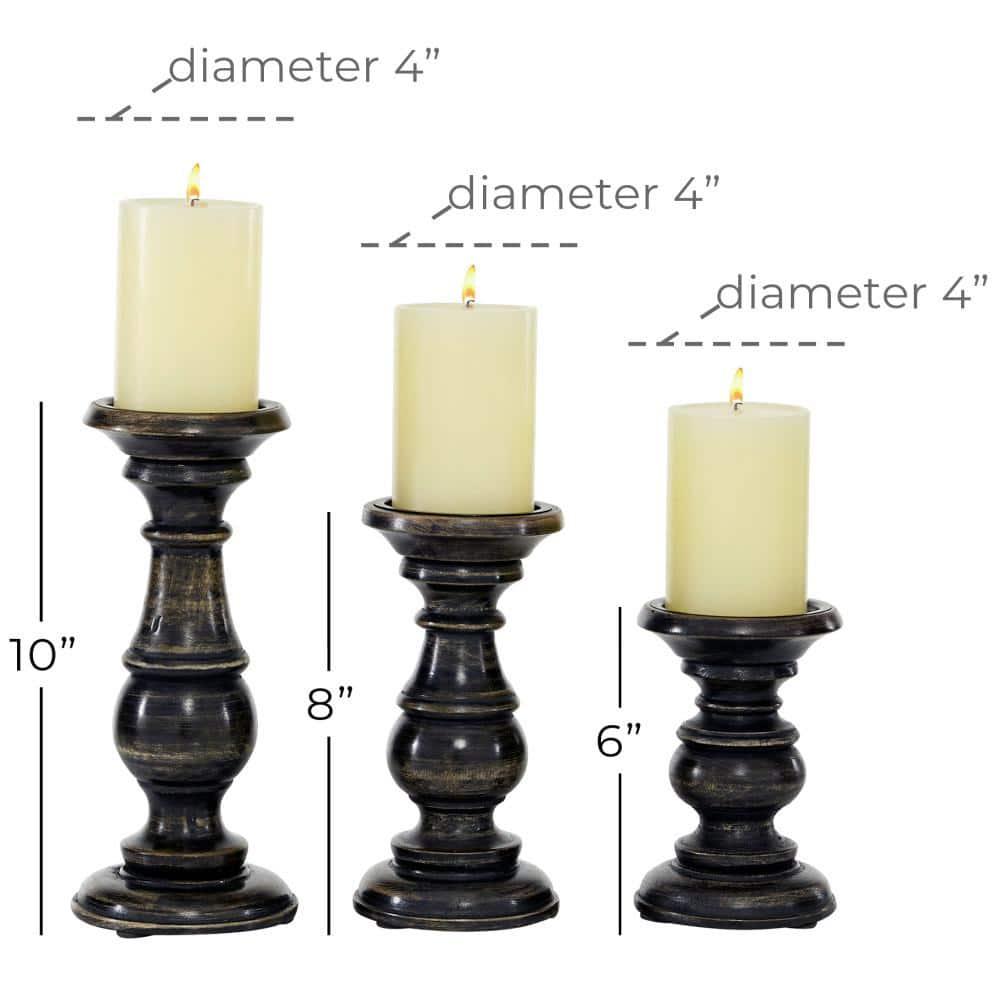 DecMode 3 Candle Black Mango Wood Distressed Turned Pillar Candle Holder, Set of 3