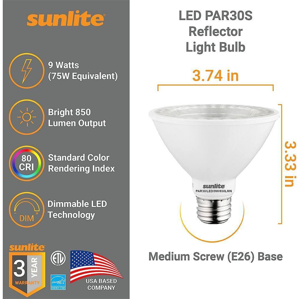 Sunlite LED PAR30 Short Neck Flood Light Bulb, 9 Watts, (75W Equivalent), 850 Lumens, Medium Screw (E26) Base, Dimmable, ETL Listed, 3000K Warm White, 6 Pack
