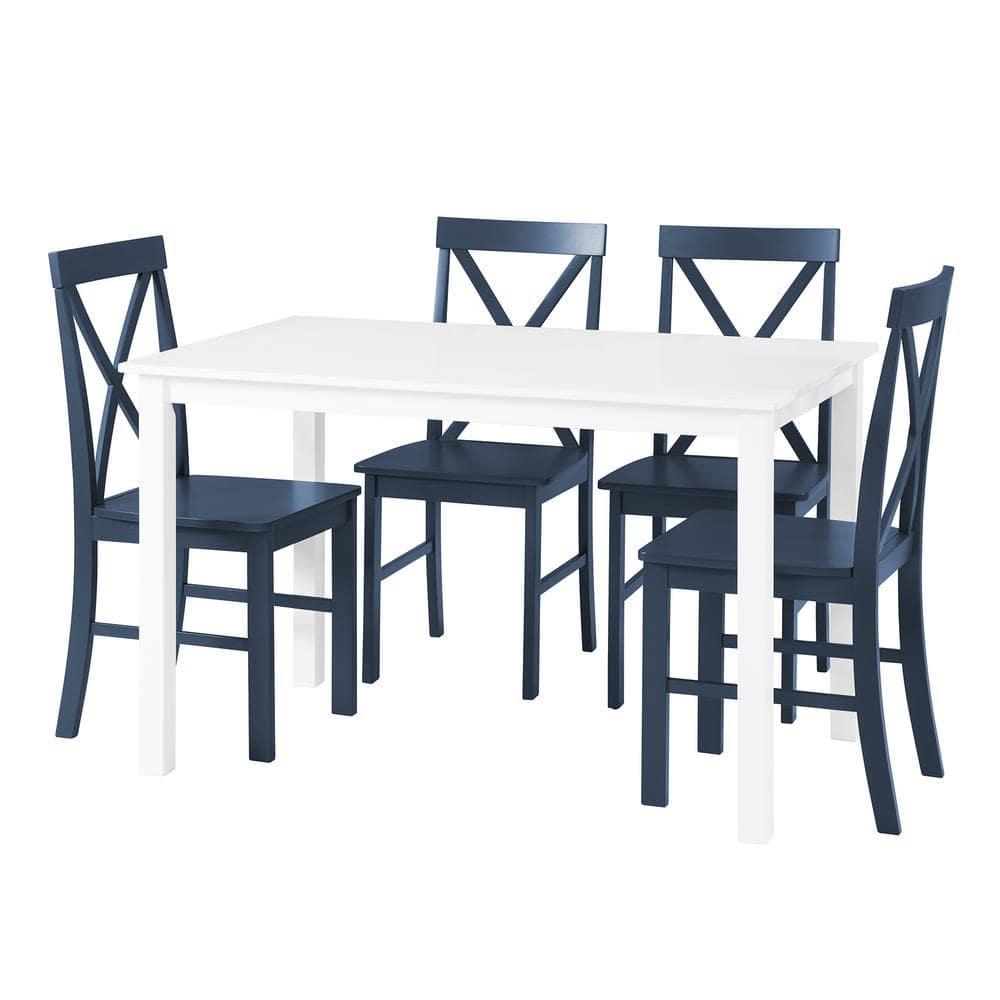 5pc Contemporary Farmhouse Dining Set White/Navy - Saracina Home: Rubberwood & MDF, Non-Extension Rectangle Table