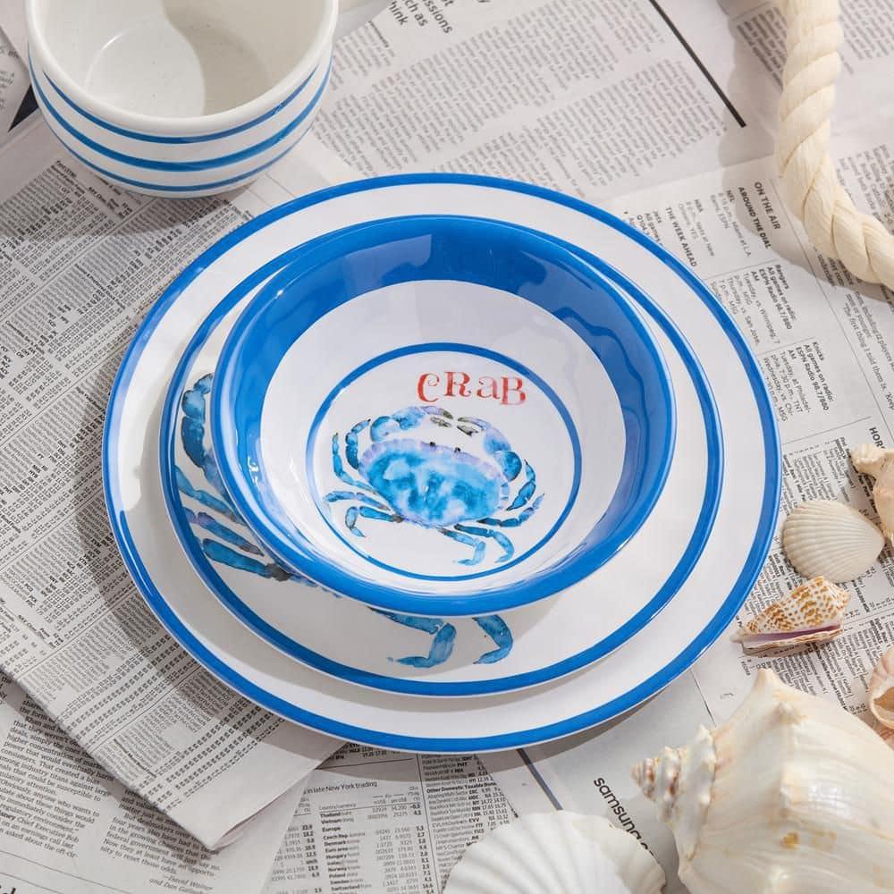 Certified International Beach House Crab 12-Piece Melamine Dinnerware Set – Blue & White Nautical-Themed Plates & Bowls – Shatterproof, Lightweight, and Dishwasher-Safe Coastal Tableware for Indoor & Outdoor Dining