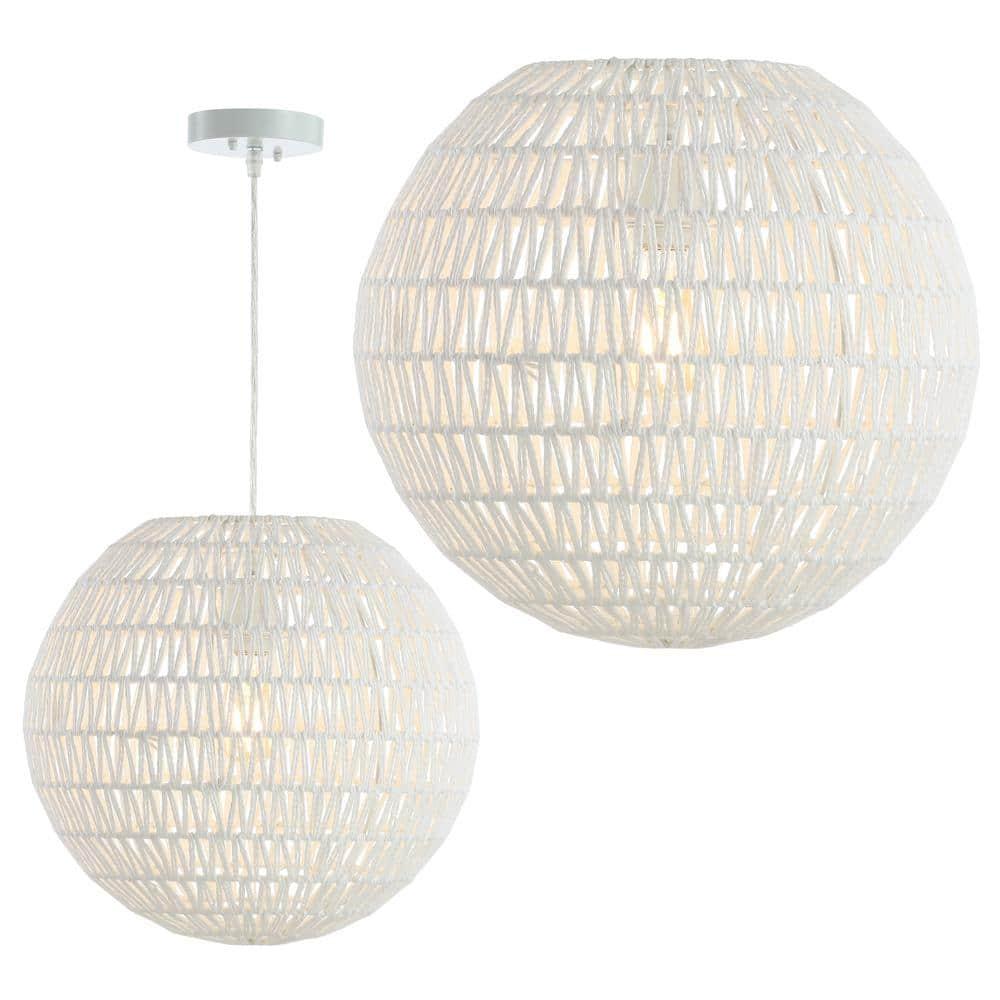 Luna 15.75" 1-Light Bohemian Modern Woven Rattan/Iron LED Pendant, White