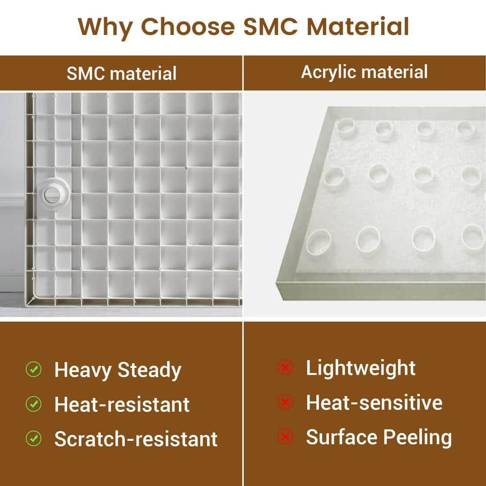 CASAINC 60"W 30/32"D Single Threshold SMC Shower Base Anti-Slip Shower Pan with Drain Assembly & Drain Cover CABR2501WH6030L