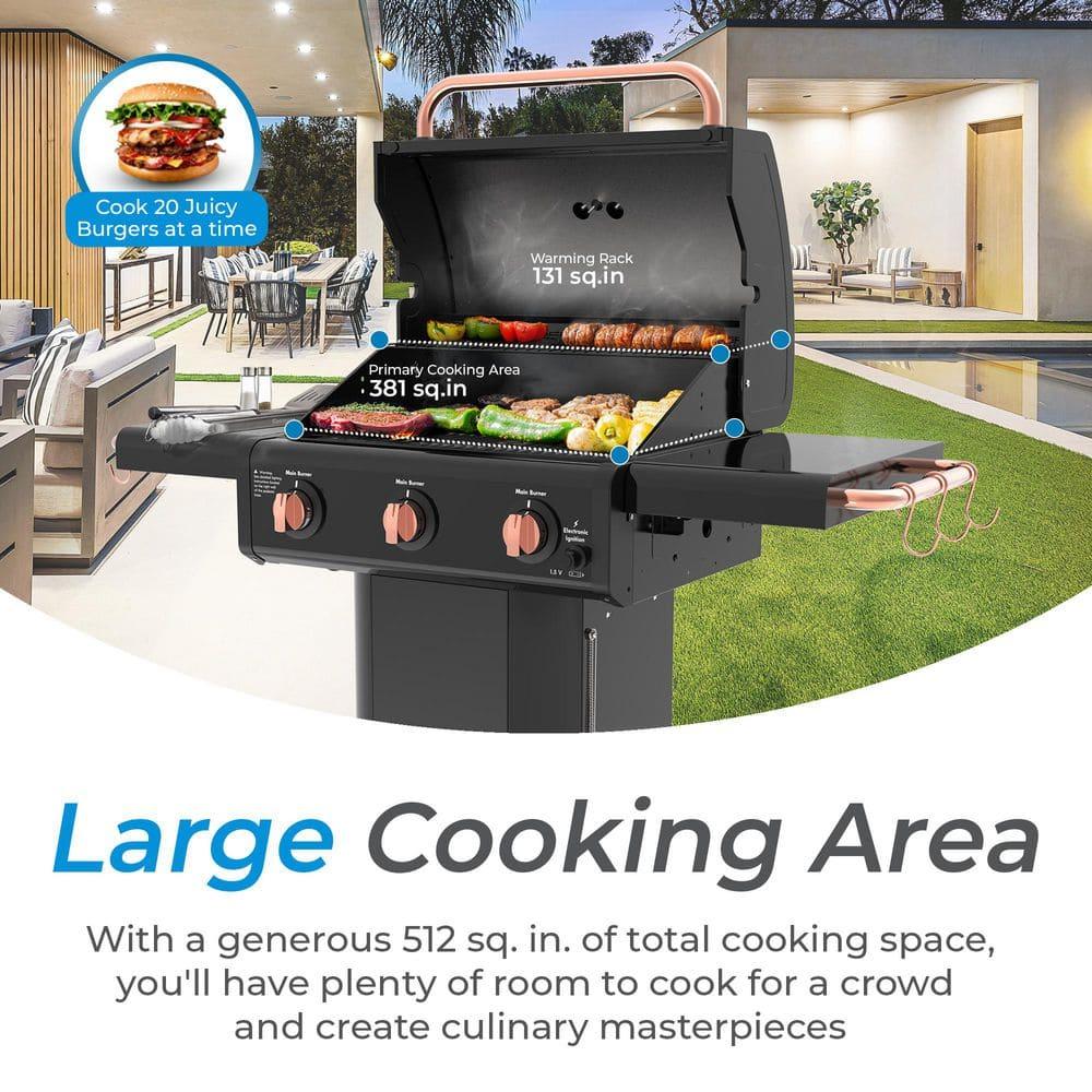 Kenmore 3-Burner Propane Gas Grill with Foldable Side Tables for Outdoor BBQ
