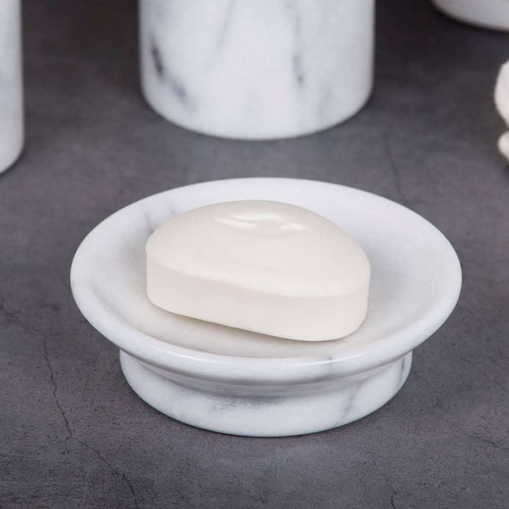 Creative Home Genuine Natural Marble Round Bar Soap Dish Soap Tray Holder Countertop Organizer, 5" Diam. x 1.5" H, Off-White