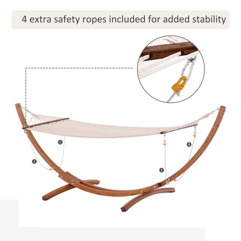 Outsunny Outdoor Hammock with Stand, Heavy Duty Wooden Frame, No Tree Needed, Indoor Outside Boho Style Nap Bed, Natural Cotton, White