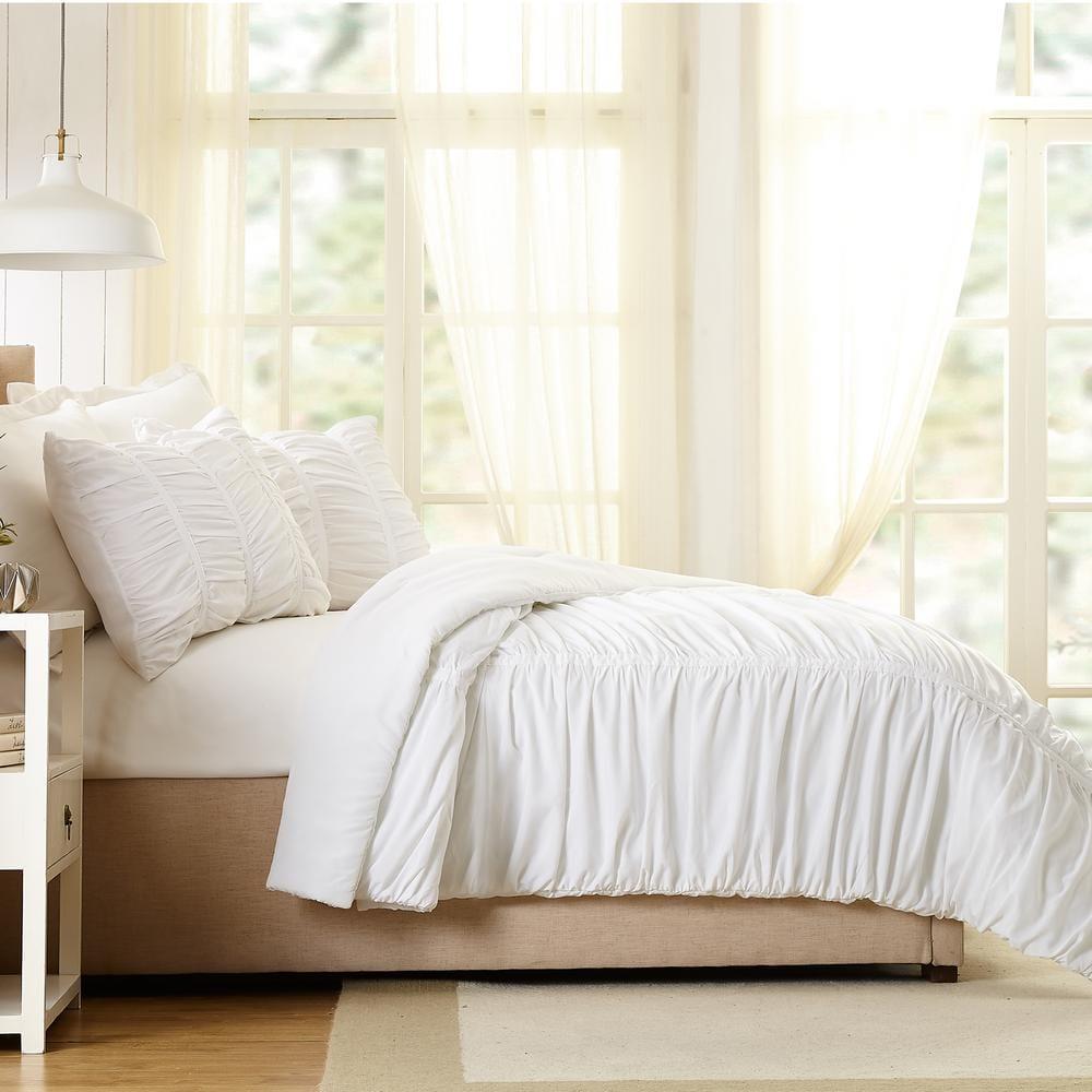Emily Texture (White) 2-Piece Comforter Set, Ruched All Seasons Bedding, Machine Washable - Twin/Twin XL Size