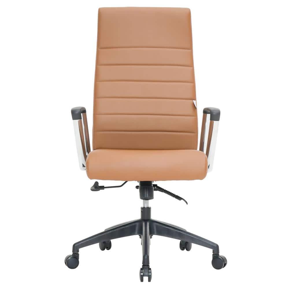 LeisureMod Hilton High-Back Adjustable Office Conference Chair Upholstered in Leather with Steel Frame in Light Brown