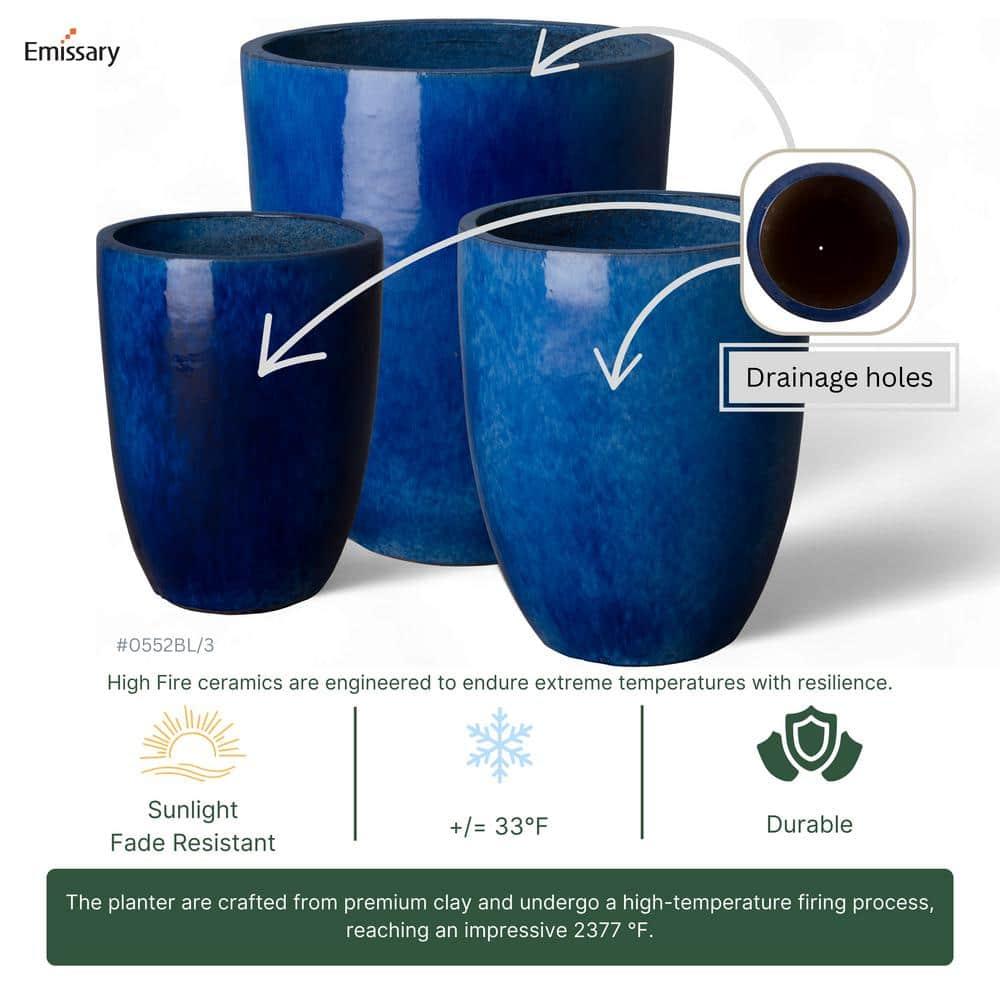 Tall 22 in. D x 28 in. H Blue Ceramic Round Planter with Drainage Hole