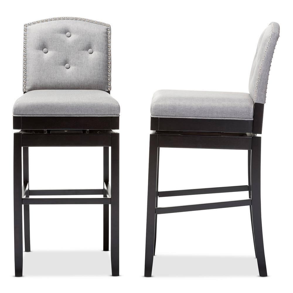Baxton Studio Set of 2 Ginaro Modern and Contemporary Fabric Button Tufted Upholstered Swivel Barstools Gray: 30" Seat Height