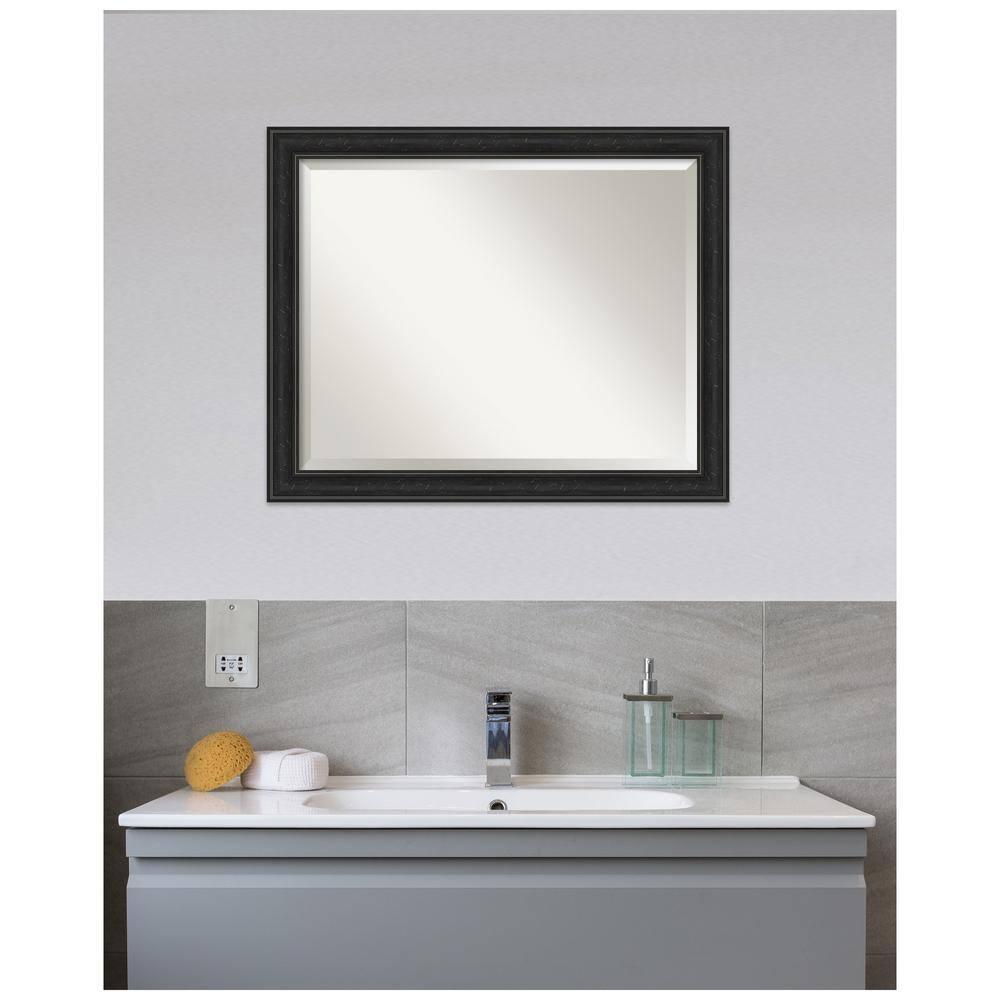 Amanti Art Beveled Bathroom Wall Mirror - Shipwreck Black Narrow Frame Outer Size: 32 x 26 in