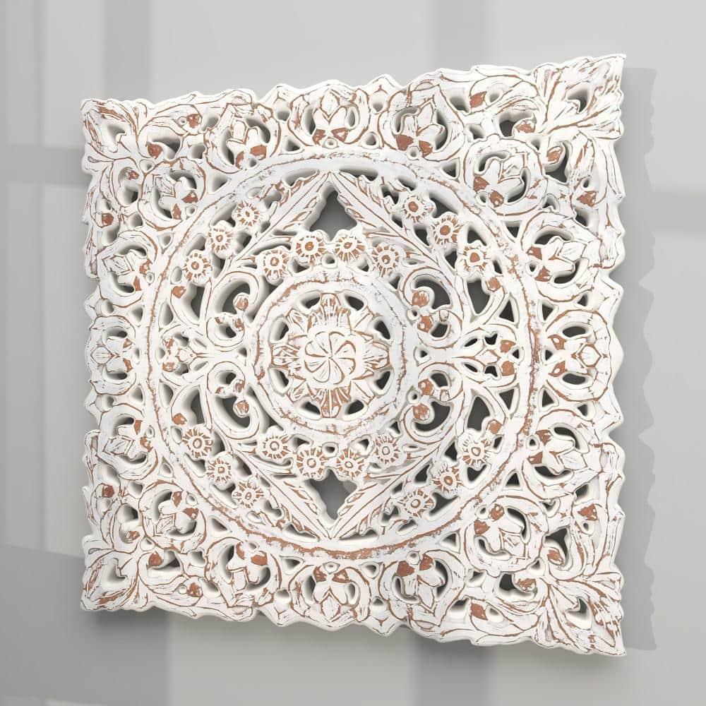 DecMode Traditional Wood Square White Handmade Wall Décor with Carved Mandala Design, 36"W x 36"H