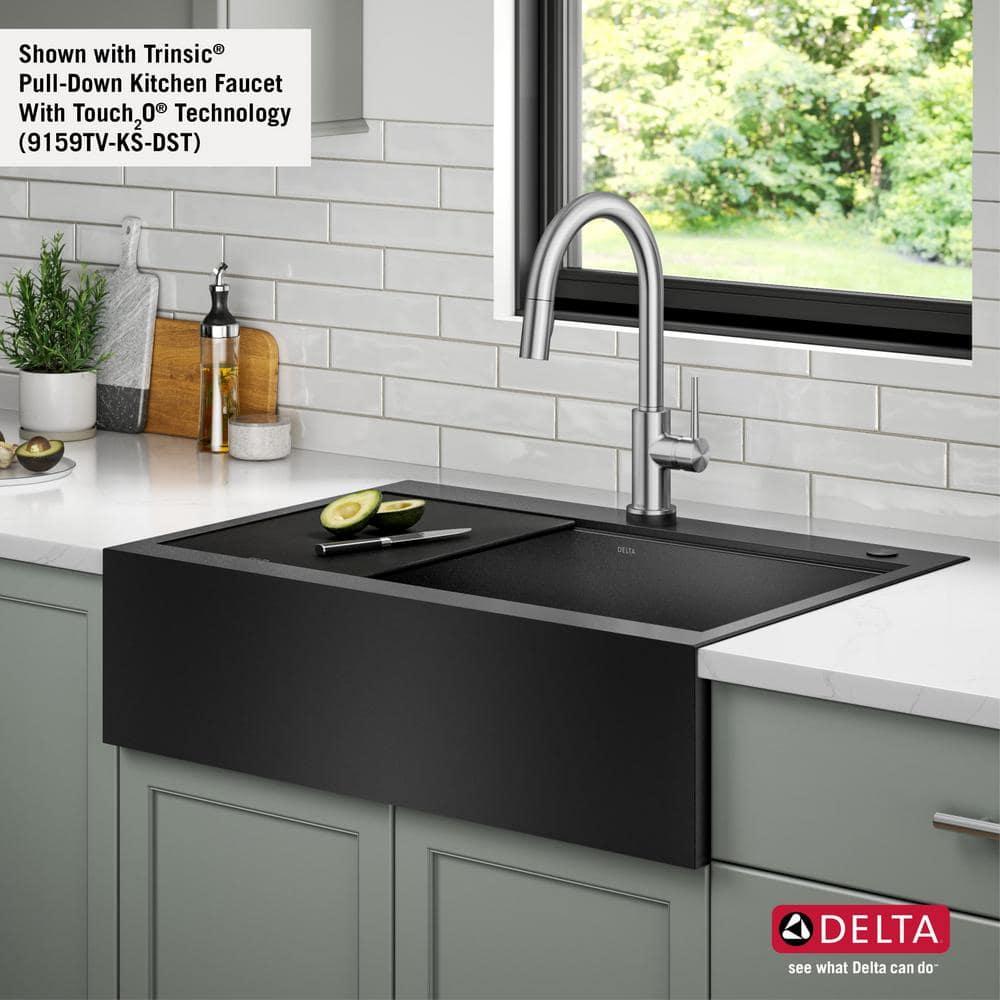Delta Rivet™ Black Stainless Steel Retrofit Farmhouse Apron Front 16 Gauge Workstation Kitchen Sink Single Bowl