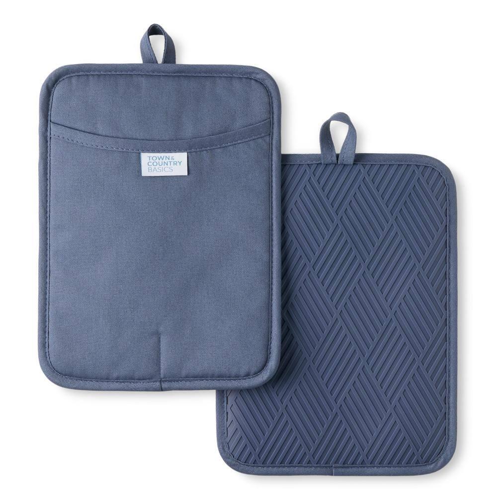 TOWN & COUNTRY BASICS Basketweave Soft Silicone Pot Holder 2-Pack Set, Heat Resistant up to 500F, Flexible Silicone, Non-Slip Grip, Blue, 7.5"x10"