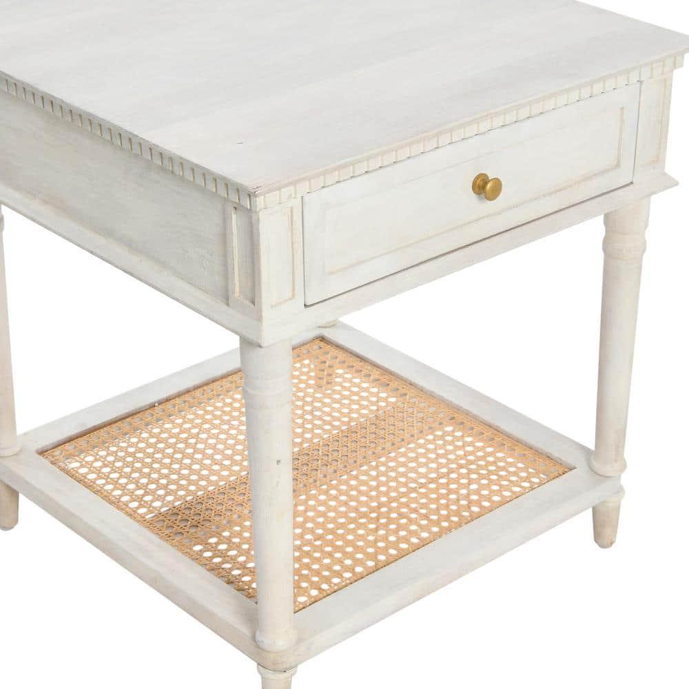 Creative Co-Op Maxwelton Solid Wood End Table with Drawer and Woven Cane Storage Shelf, Distressed White and Natural