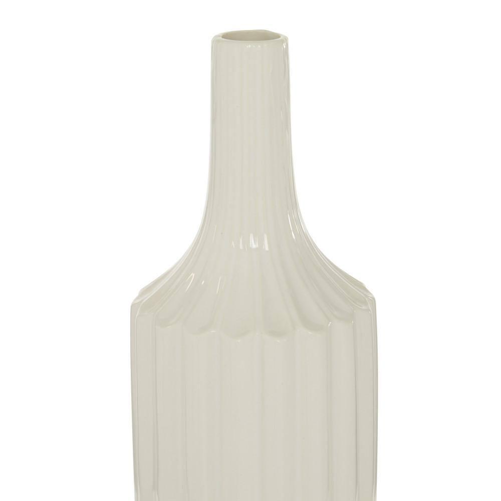 DecMode Modern Ceramic Tall White Decorative Vase with Vertical Groove Pattern 5"W x 19"H