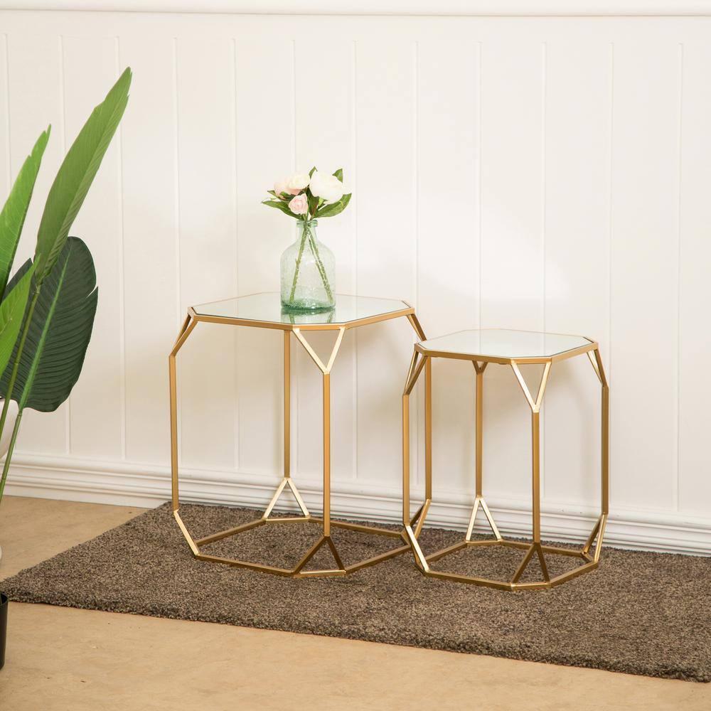 Glitzhome Set of 2 Glam Glass Modern Side Table Sofa Table Octagon-Gold Octagon