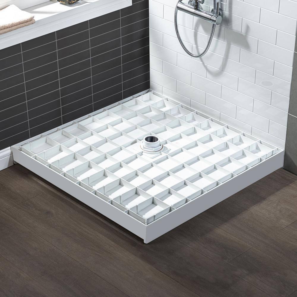 36" Solid Surface Square Single Threshold Shower Pan Base with Drain Assembly & Drain Cover Included, Non-Slip