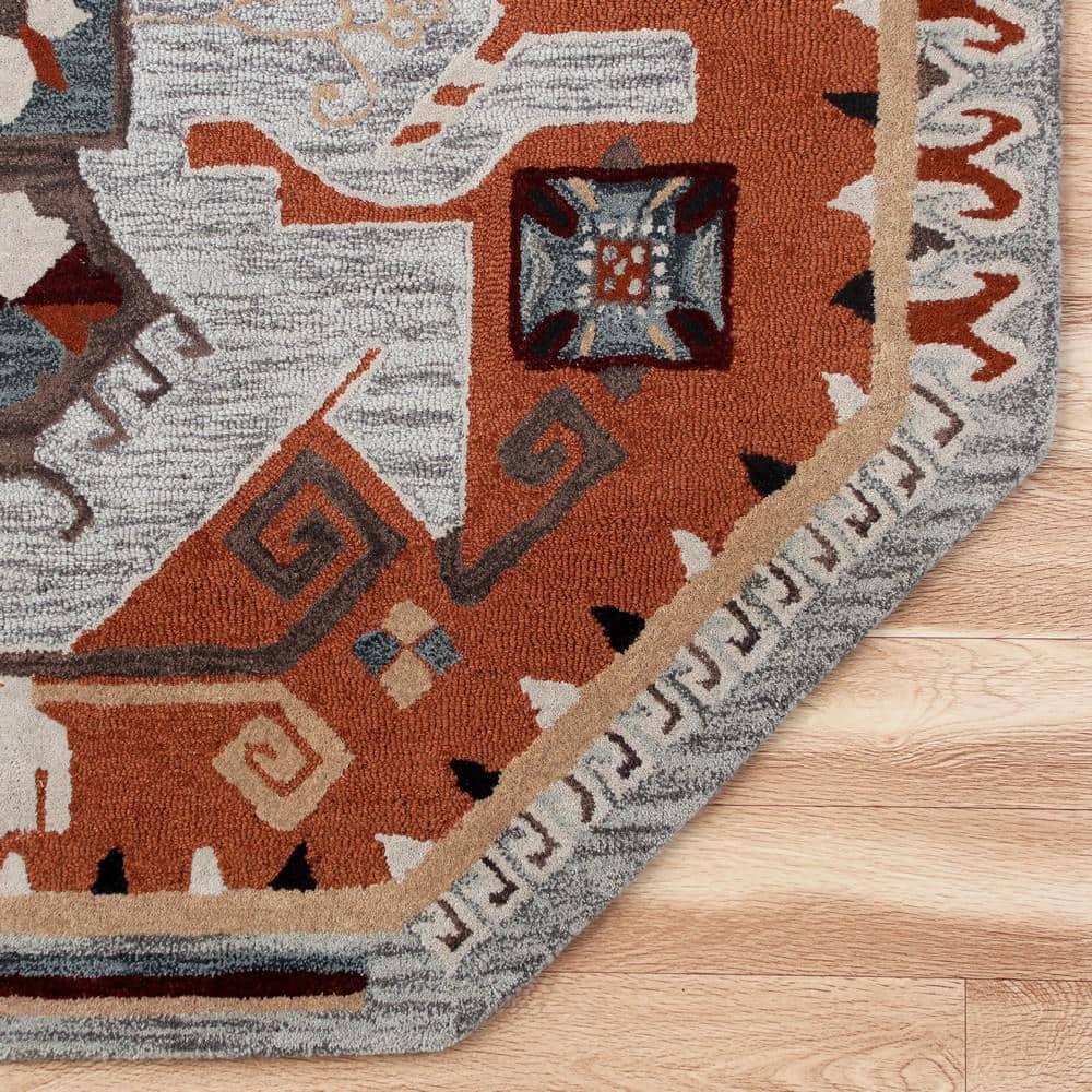 Ox Bay Terracotta Textile Southwestern Shape Rug, 6 ft. Octagon, Terracotta / Gray